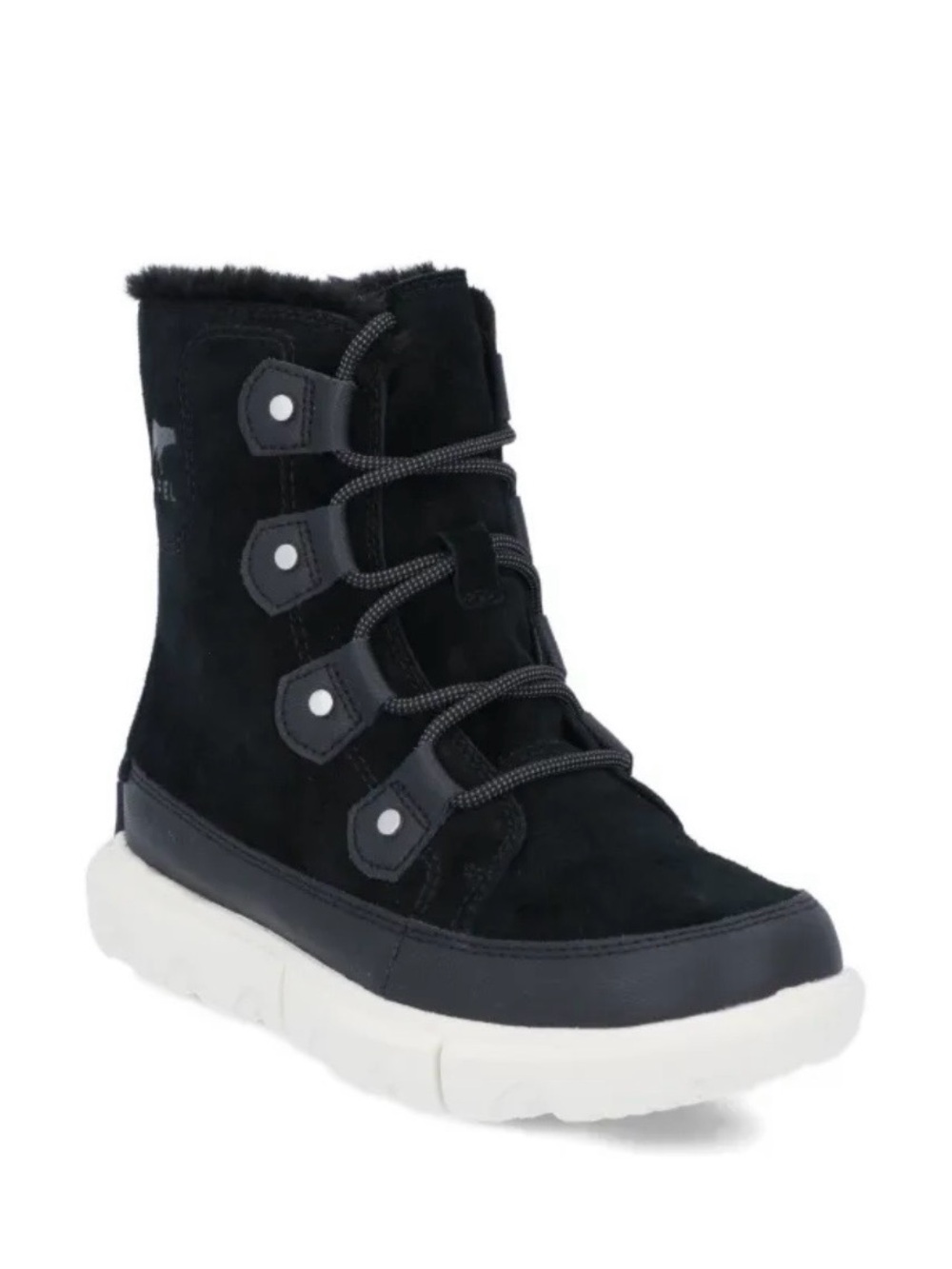 Sorel Explorer II Joan Black Suede Winter Boot with White Sole, size 7